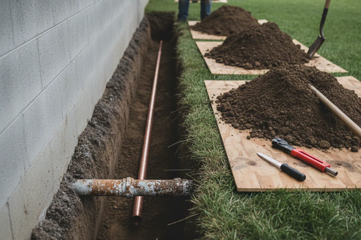 Excavated water line trench during Sewer Line Repair in Gregory